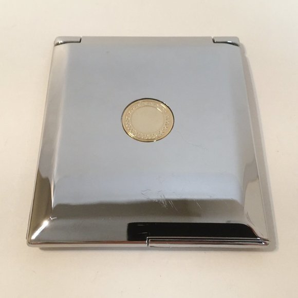 Compact Makeup Mirror Gold Inlay Silver Tone Metal - Picture 1 of 7